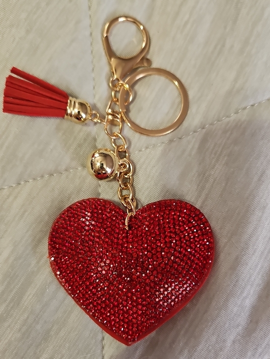 Accessories - Red Heart Crystal Keychain with Tassel - Gold Hardware